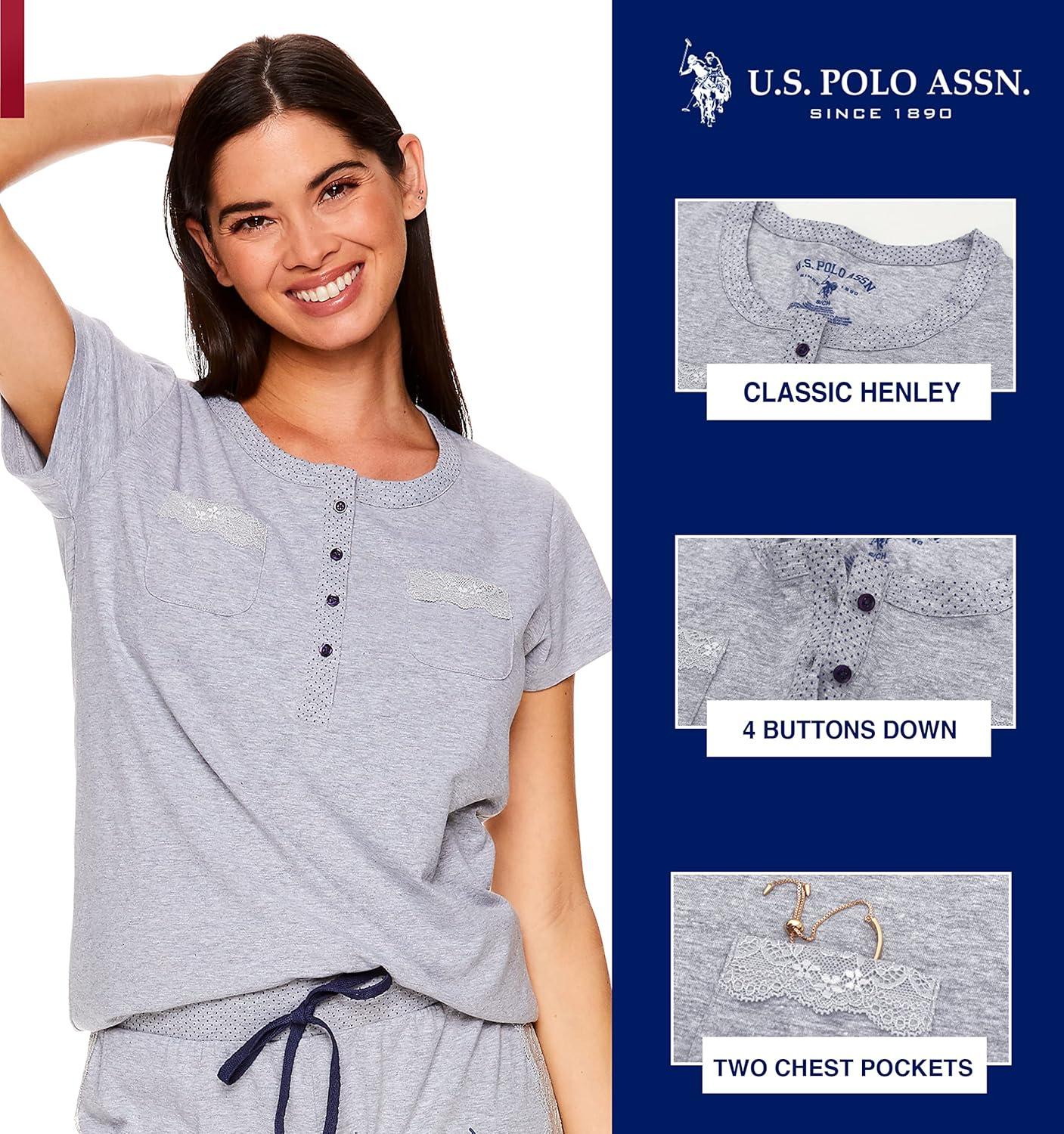 imageUS Polo Assn Womens Pajama Set Short Sleeve PJs with Jogger Pajama PantsHeather Gray2