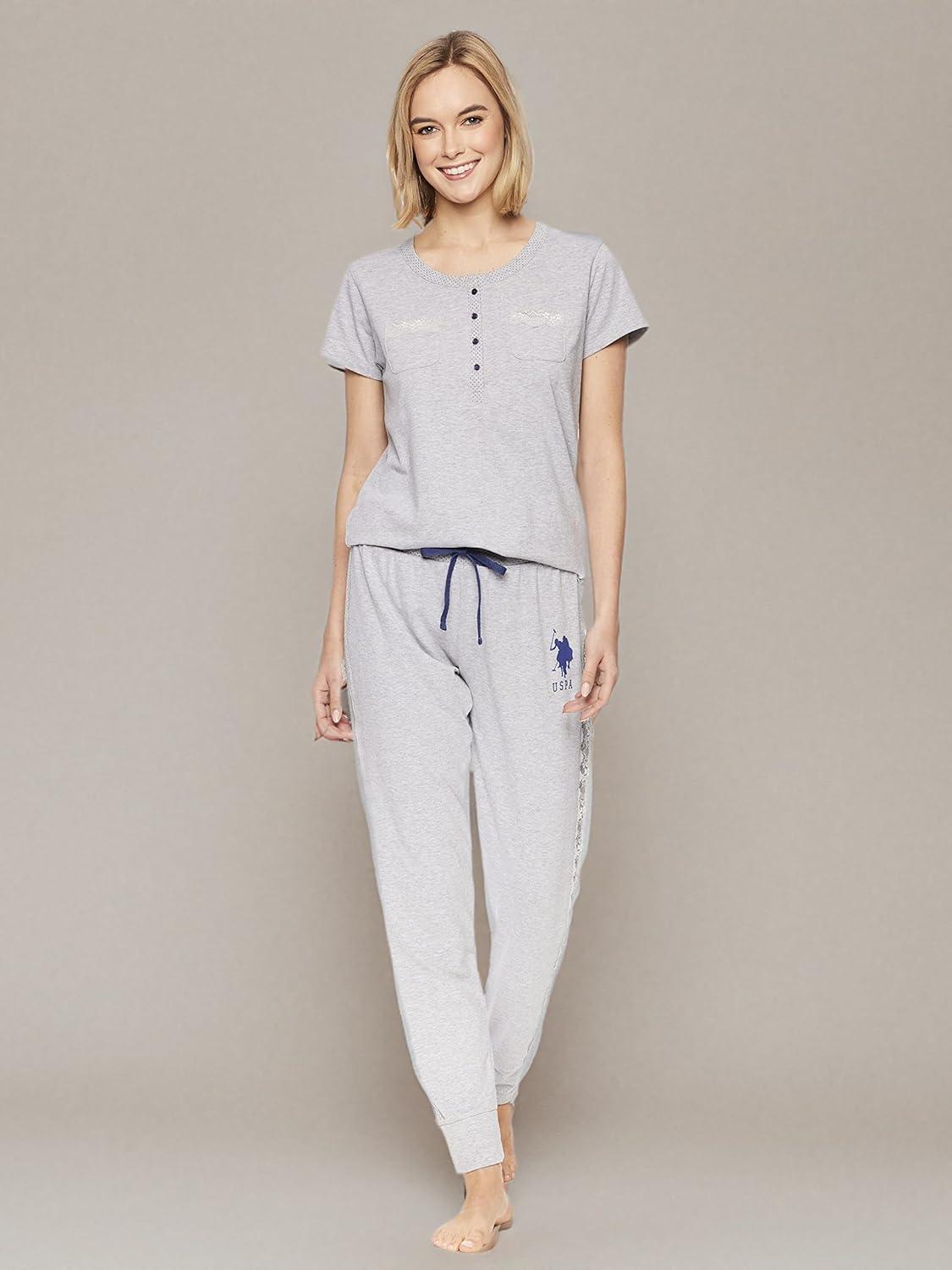 imageUS Polo Assn Womens Pajama Set Short Sleeve PJs with Jogger Pajama PantsHeather Gray2