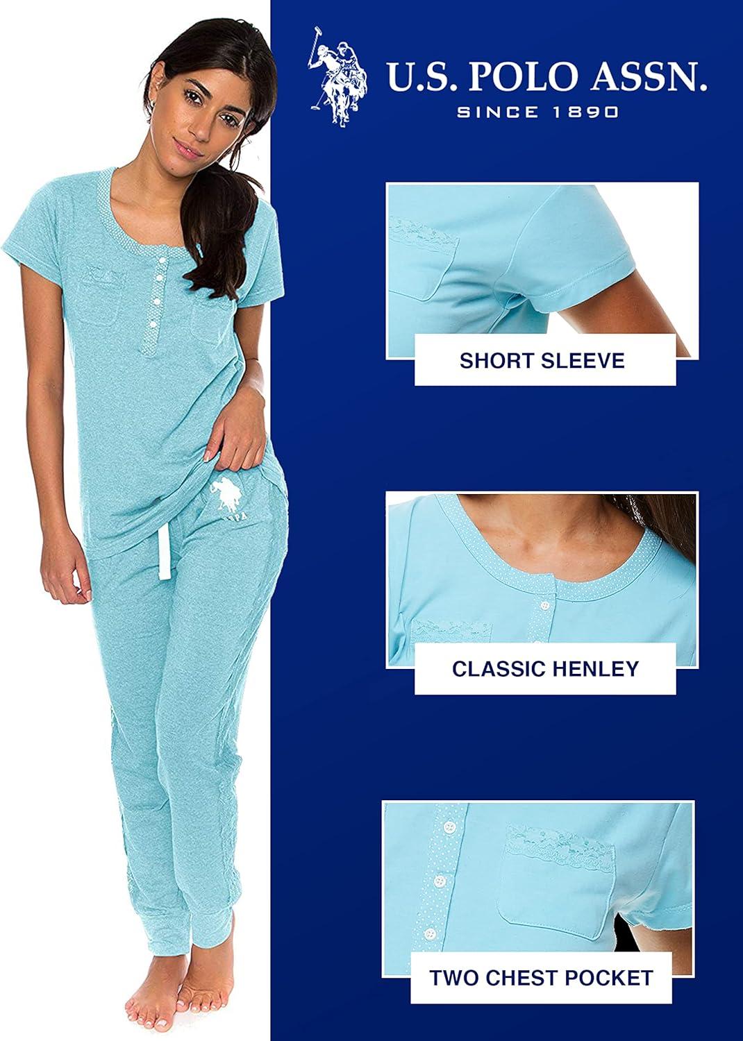 imageUS Polo Assn Womens Pajama Set Short Sleeve PJs with Jogger Pajama PantsMint Heather