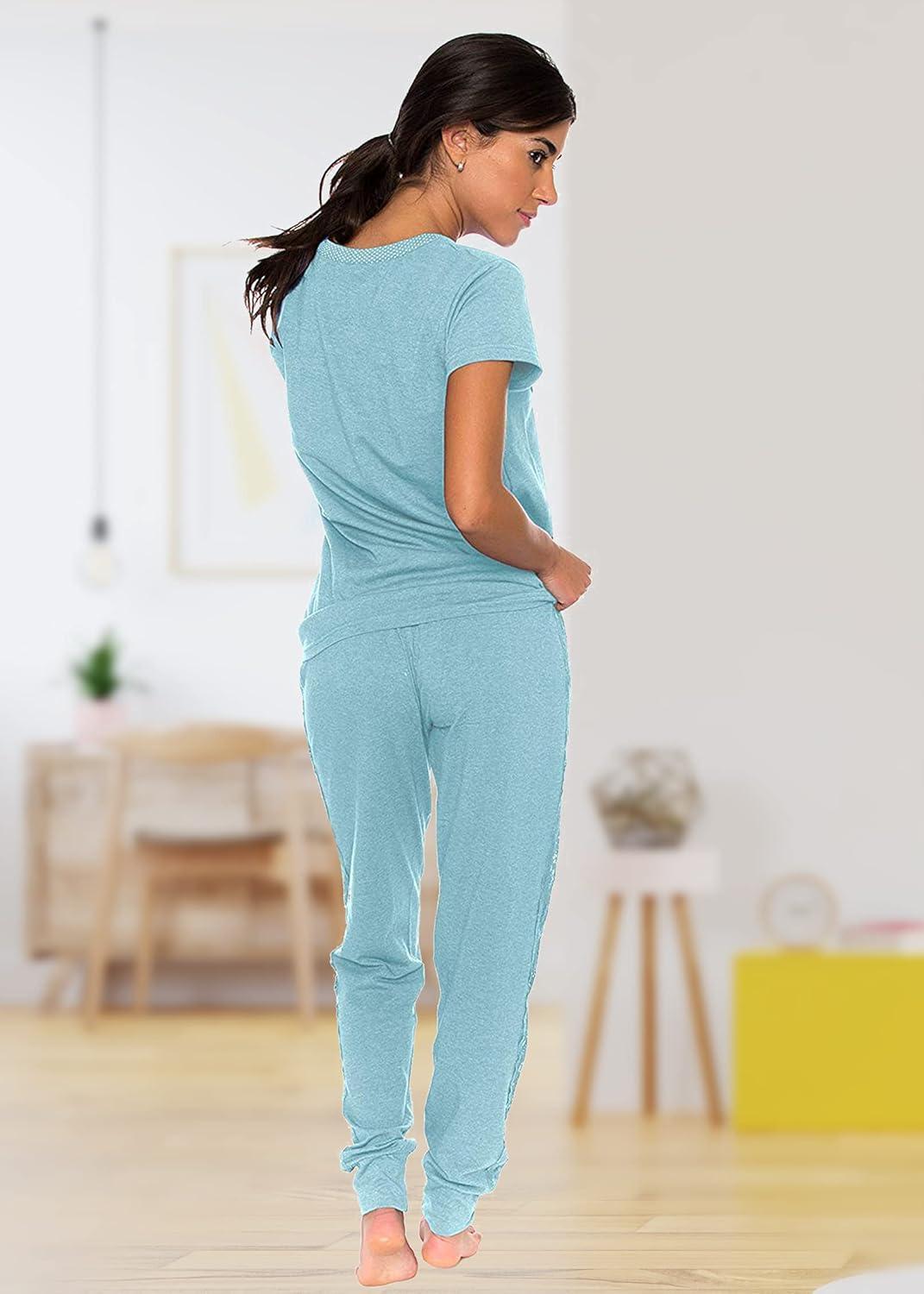 imageUS Polo Assn Womens Pajama Set Short Sleeve PJs with Jogger Pajama PantsMint Heather