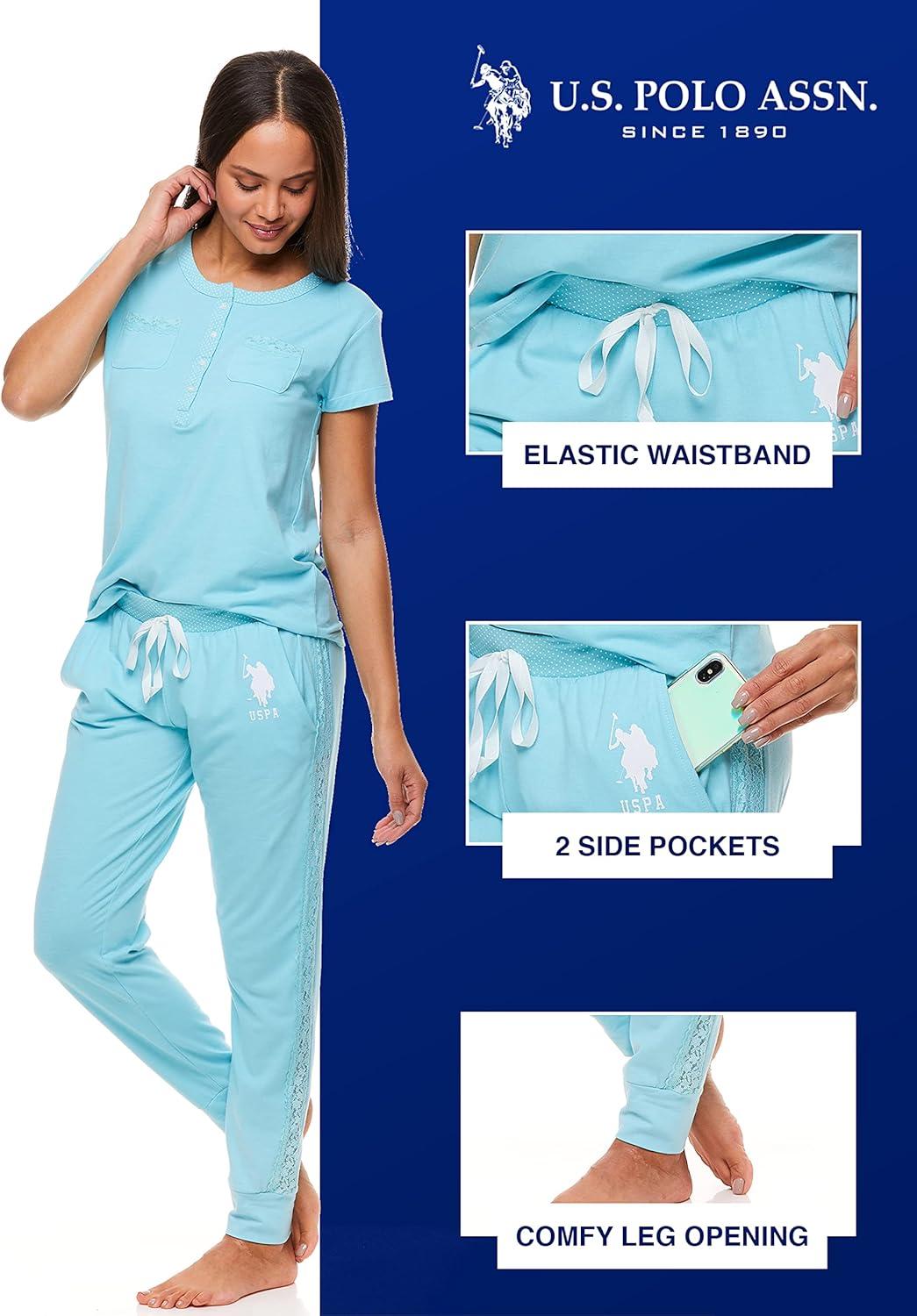 imageUS Polo Assn Womens Pajama Set with Pockets Short Sleeve Shirt and Pajama Pants Pj SetBlack Heather