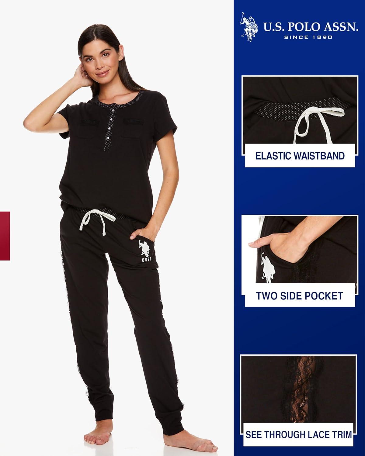 imageUS Polo Assn Womens Pajama Set with Pockets Short Sleeve Shirt and Pajama Pants Pj SetBlack1