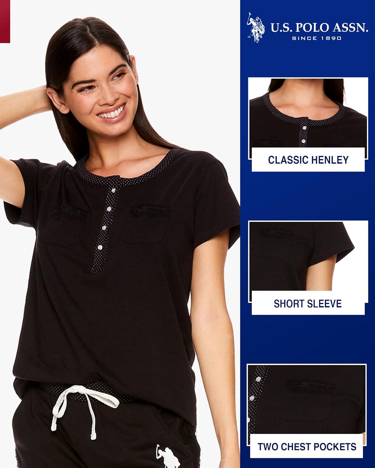 imageUS Polo Assn Womens Pajama Set with Pockets Short Sleeve Shirt and Pajama Pants Pj SetBlack1