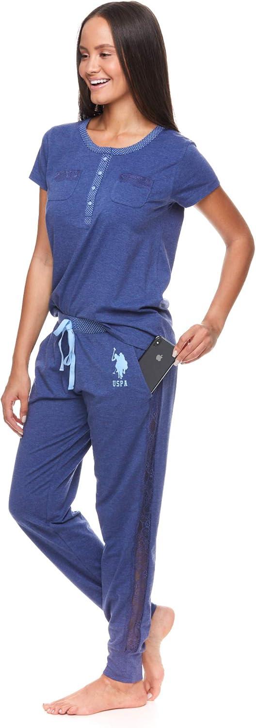 imageUS Polo Assn Womens Pajama Set with Pockets Short Sleeve Shirt and Pajama Pants Pj SetBlue Depth Heather