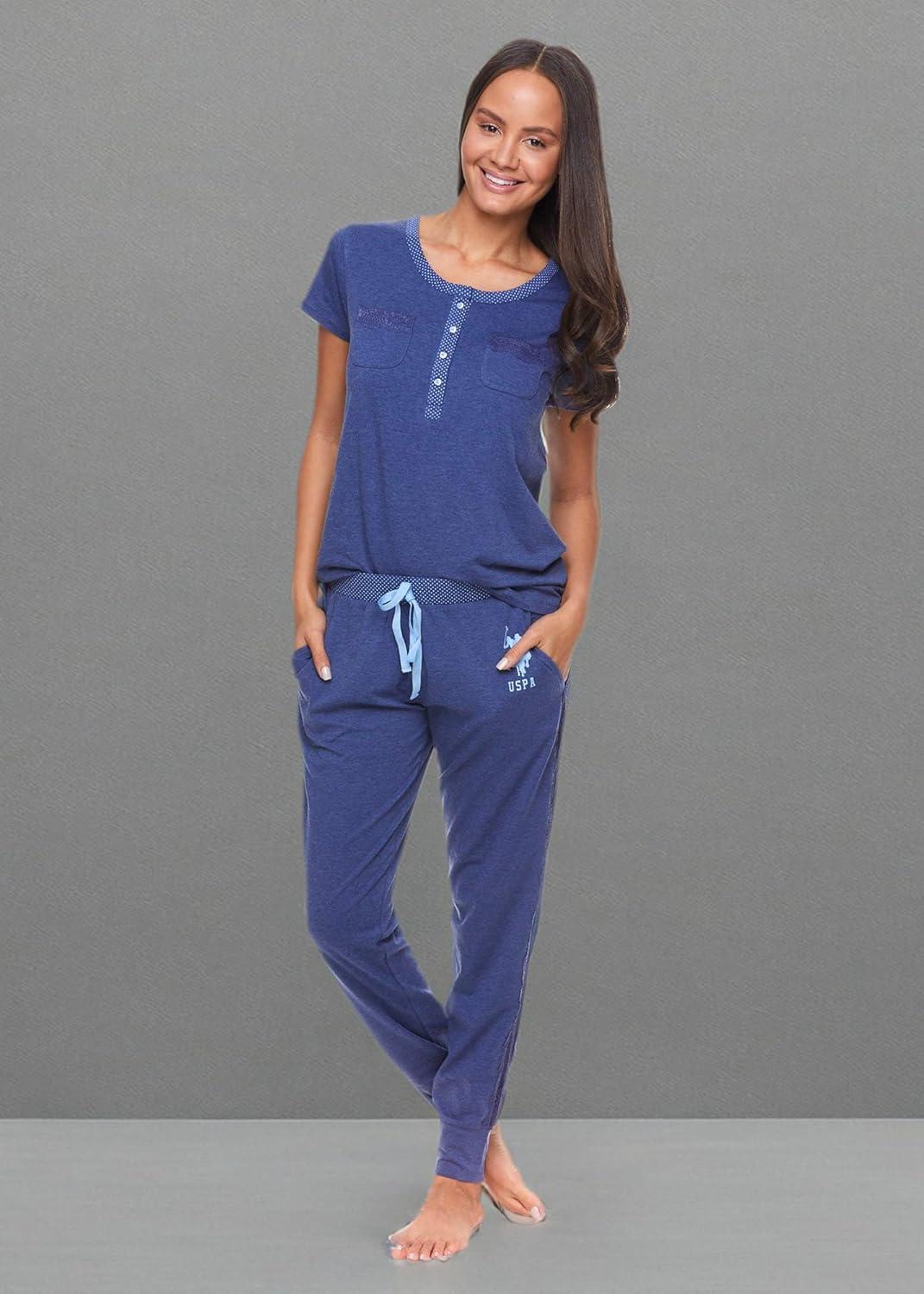 imageUS Polo Assn Womens Pajama Set with Pockets Short Sleeve Shirt and Pajama Pants Pj SetBlue Depth Heather