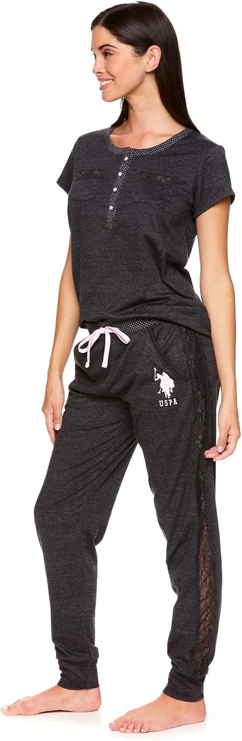 imageUS Polo Assn Womens Pajama Set with Pockets Short Sleeve Shirt and Pajama Pants Pj SetDark Charcoal Heather1