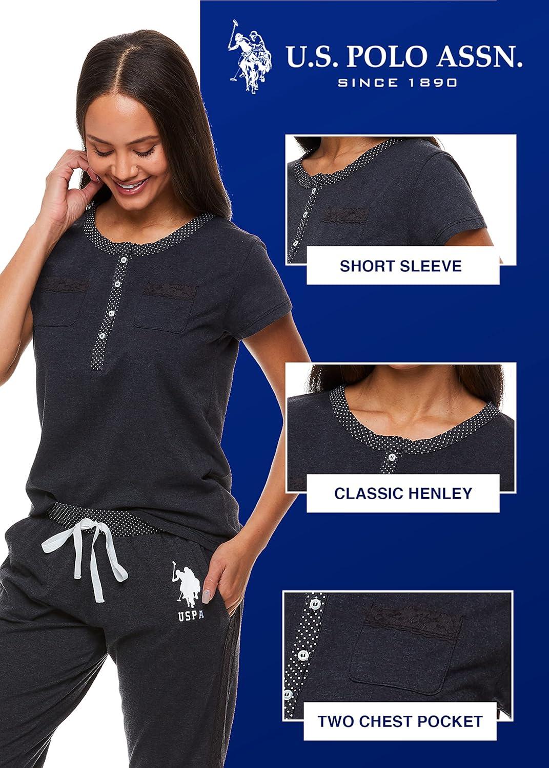 imageUS Polo Assn Womens Pajama Set with Pockets Short Sleeve Shirt and Pajama Pants Pj SetGeorgia Peach Heather