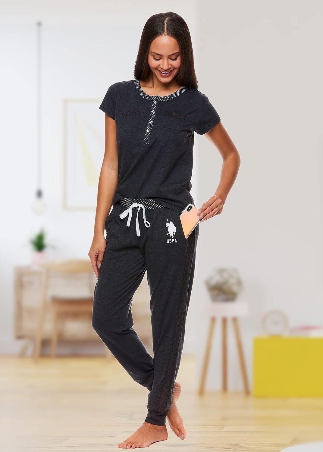 imageUS Polo Assn Womens Pajama Set with Pockets Short Sleeve Shirt and Pajama Pants Pj SetGeorgia Peach Heather