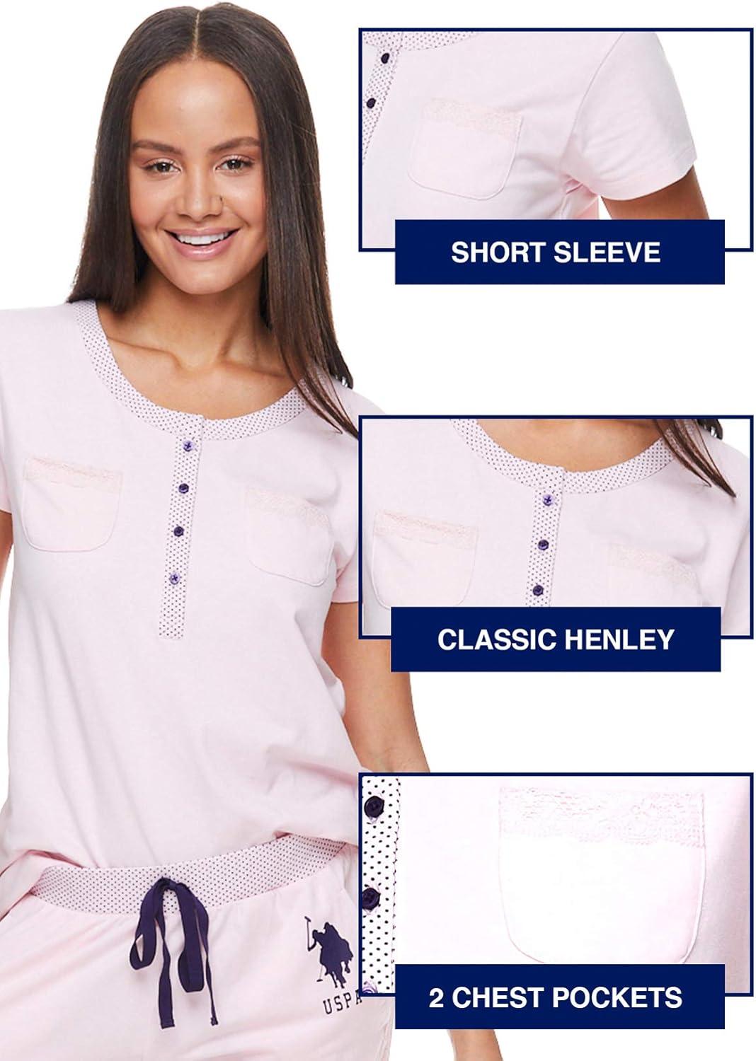 imageUS Polo Assn Womens Pajama Set with Pockets Short Sleeve Shirt and Pajama Pants Pj SetLight Pink Heather