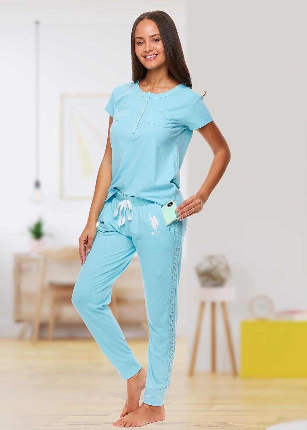 imageUS Polo Assn Womens Pajama Set with Pockets Short Sleeve Shirt and Pajama Pants Pj SetMint Heather