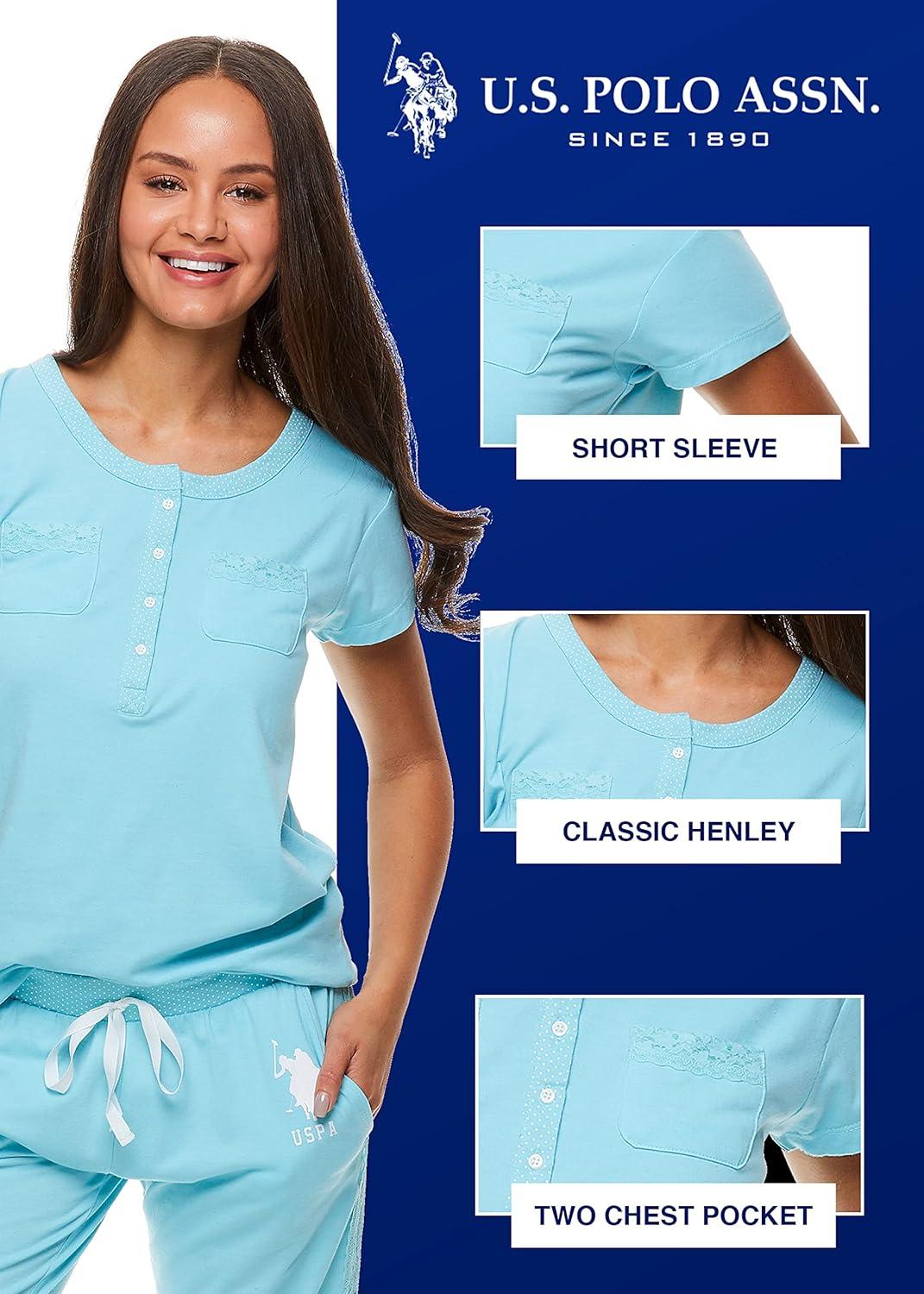 imageUS Polo Assn Womens Pajama Set with Pockets Short Sleeve Shirt and Pajama Pants Pj SetMint Heather