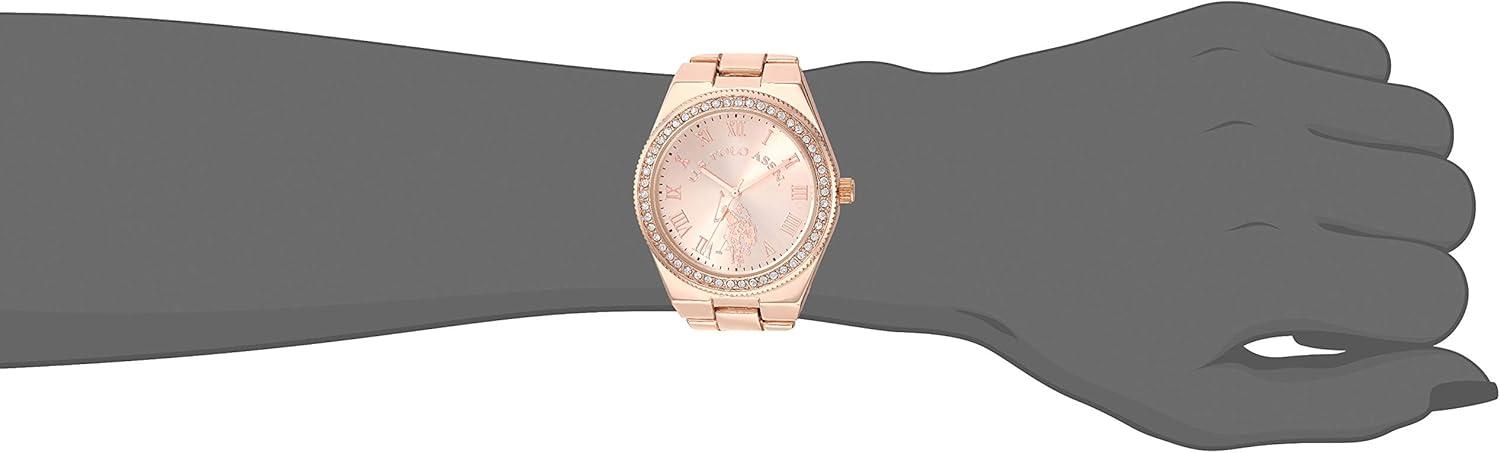 imageUS Polo Assn Womens Rose Gold Watch with Roman Numerals and Crystal Bezel Accent Elegant Analog Quartz Timepiece with Polished Link Bracelet Fits Wrists 55quot8quot
