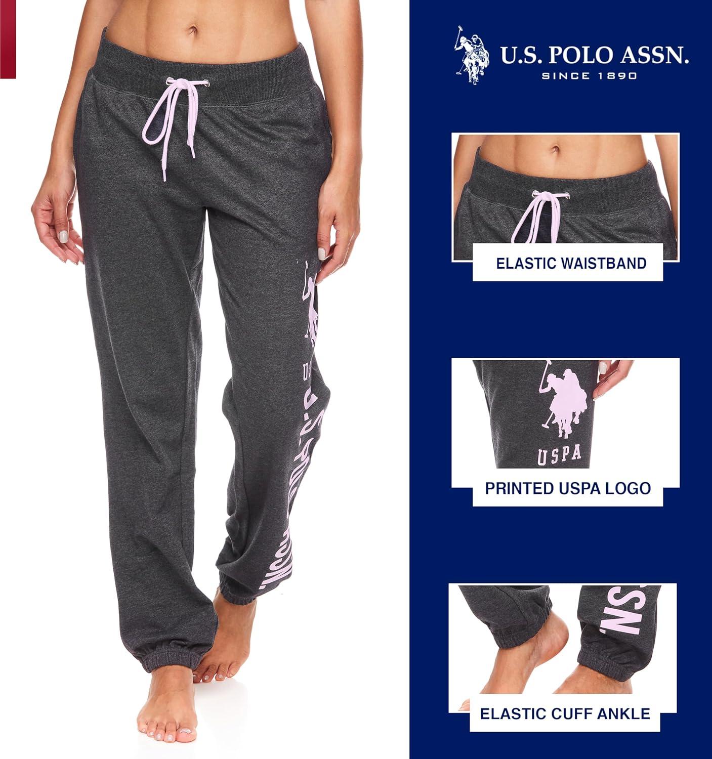 imageUS Polo Assn Womens Sweatpants Women Joggers Sweats with Logo Print French Terry PolyCottonDark Charcoal Heather With Light Pink Print