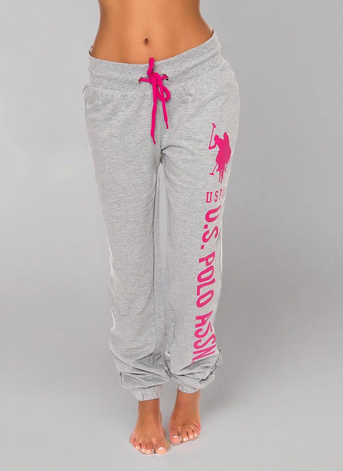 imageUS Polo Assn Womens Sweatpants Women Joggers Sweats with Logo Print French Terry PolyCottonHeather Grey With Bright Pink Print