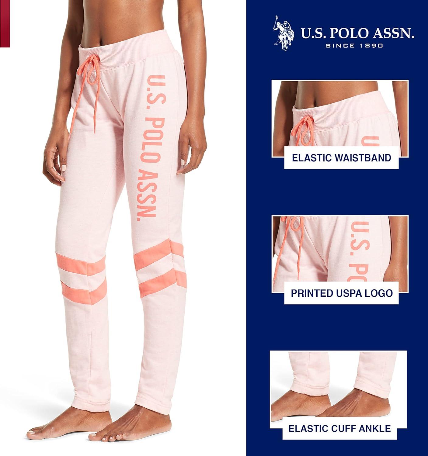 imageUS Polo Assn Womens Sweatpants Women Joggers Sweats with Logo Print French Terry PolyCottonLight Pink Heather With Stripe