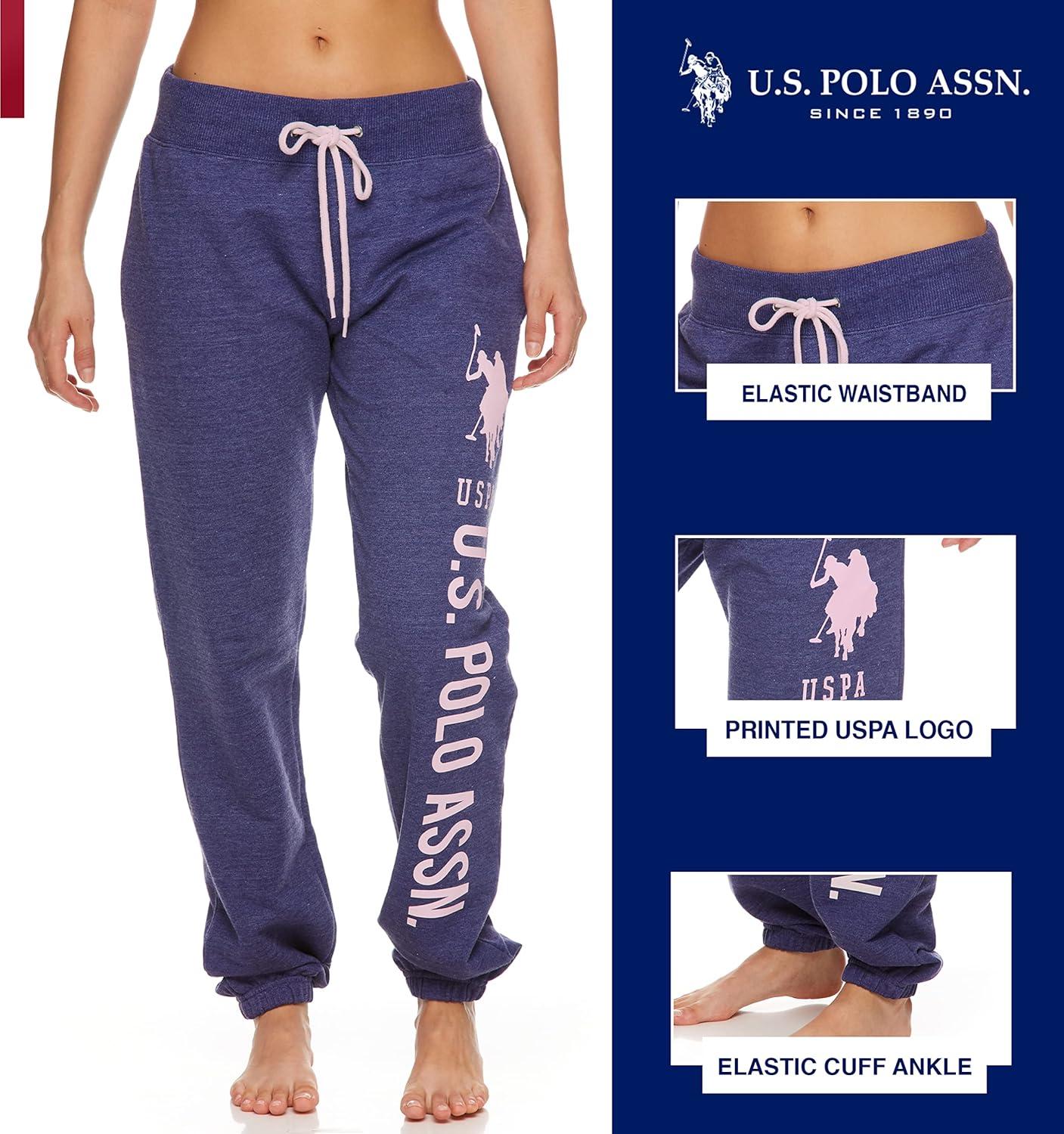 imageUS Polo Assn Womens Sweatpants Women Joggers Sweats with Logo Print French Terry PolyCottonNavy Heather With Light Pink Print