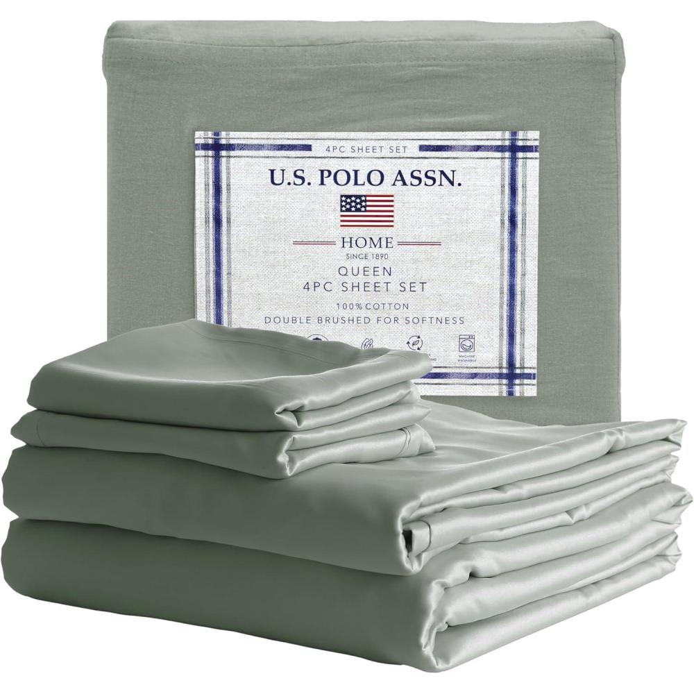 imageUS Polo Assn 100 Cotton 4PC Sheet Set 144 Thread Count Soft ampamp Breathable Includes Flat Sheet Fitted Sheet 2 Pillowcases King Desert SageDesert Sage