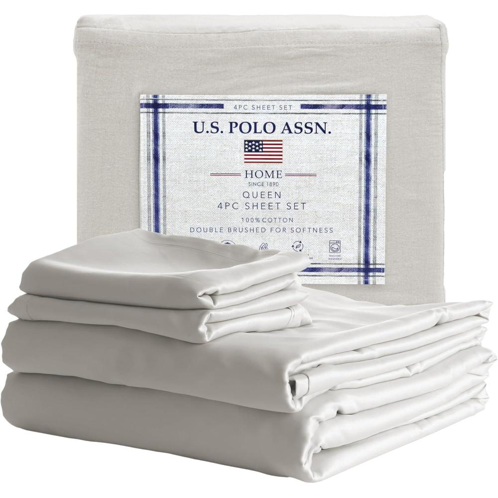 imageUS Polo Assn 100 Cotton 4PC Sheet Set 144 Thread Count Soft ampamp Breathable Includes Flat Sheet Fitted Sheet 2 Pillowcases King Desert SageMoonbeam