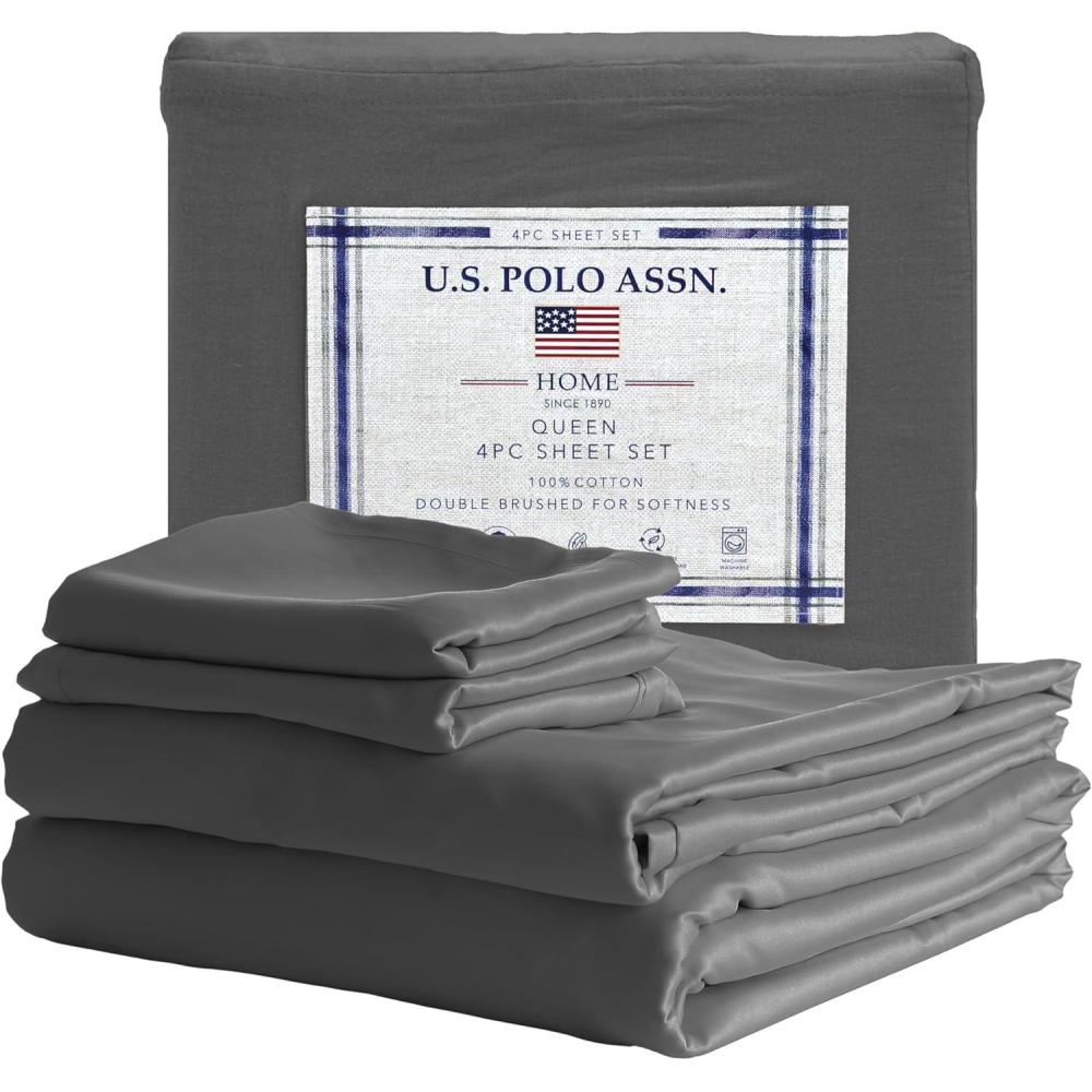 imageUS Polo Assn 100 Cotton 4PC Sheet Set 144 Thread Count Soft ampamp Breathable Includes Flat Sheet Fitted Sheet 2 Pillowcases King Desert SageSteel Grey