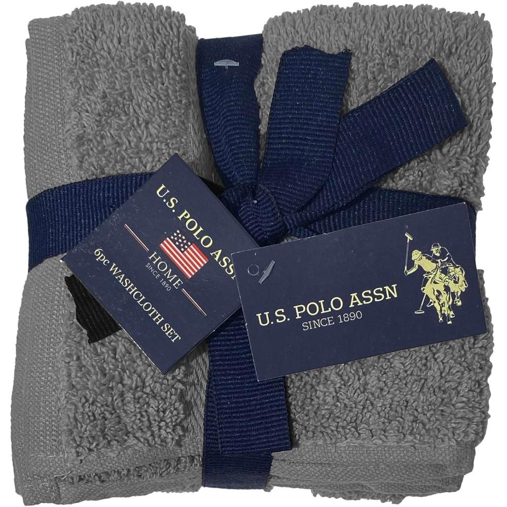 imageUS Polo Assn 6Pc Face Wash Cloth Set Soft 100 Cotton Towels 12x12 Shower Facial Cleaning Washcloths Dark GreyDark Grey