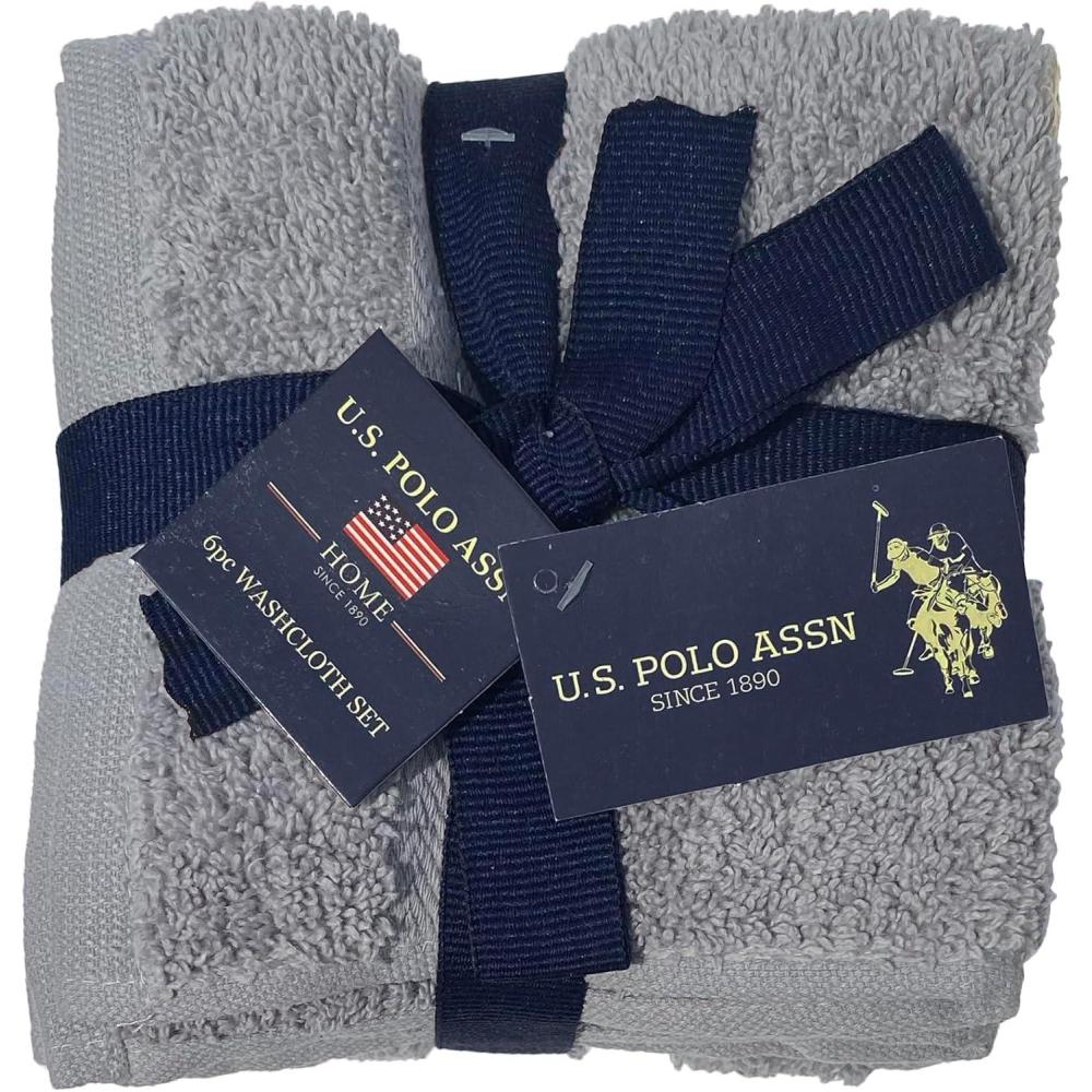 imageUS Polo Assn 6Pc Face Wash Cloth Set Soft 100 Cotton Towels 12x12 Shower Facial Cleaning Washcloths Dark GreyGrey