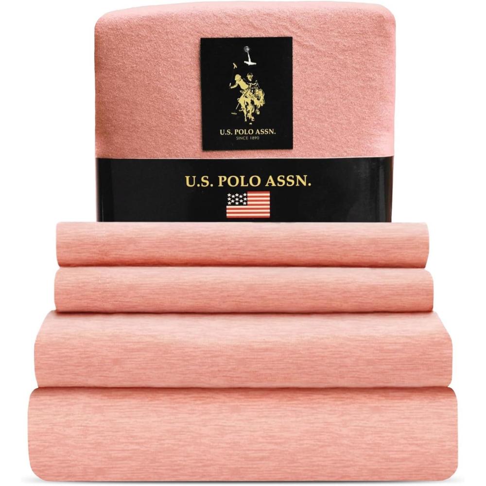 imageUS Polo Assn All Season Soft and Cozy TShirt Material 1800 Thread Count 4Piece Cotton Rich Jersey Sheet SetBlush