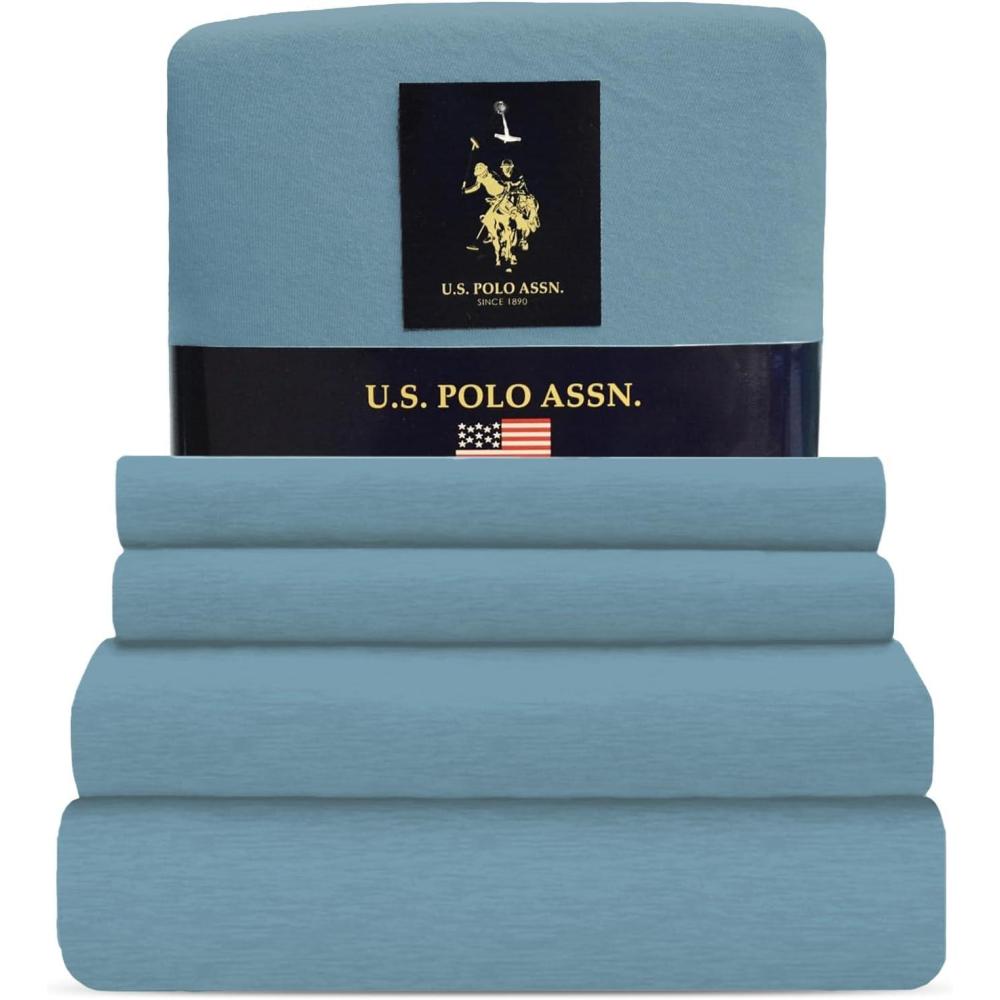 imageUS Polo Assn All Season Soft and Cozy TShirt Material 1800 Thread Count 4Piece Cotton Rich Jersey Sheet SetCameo Blue