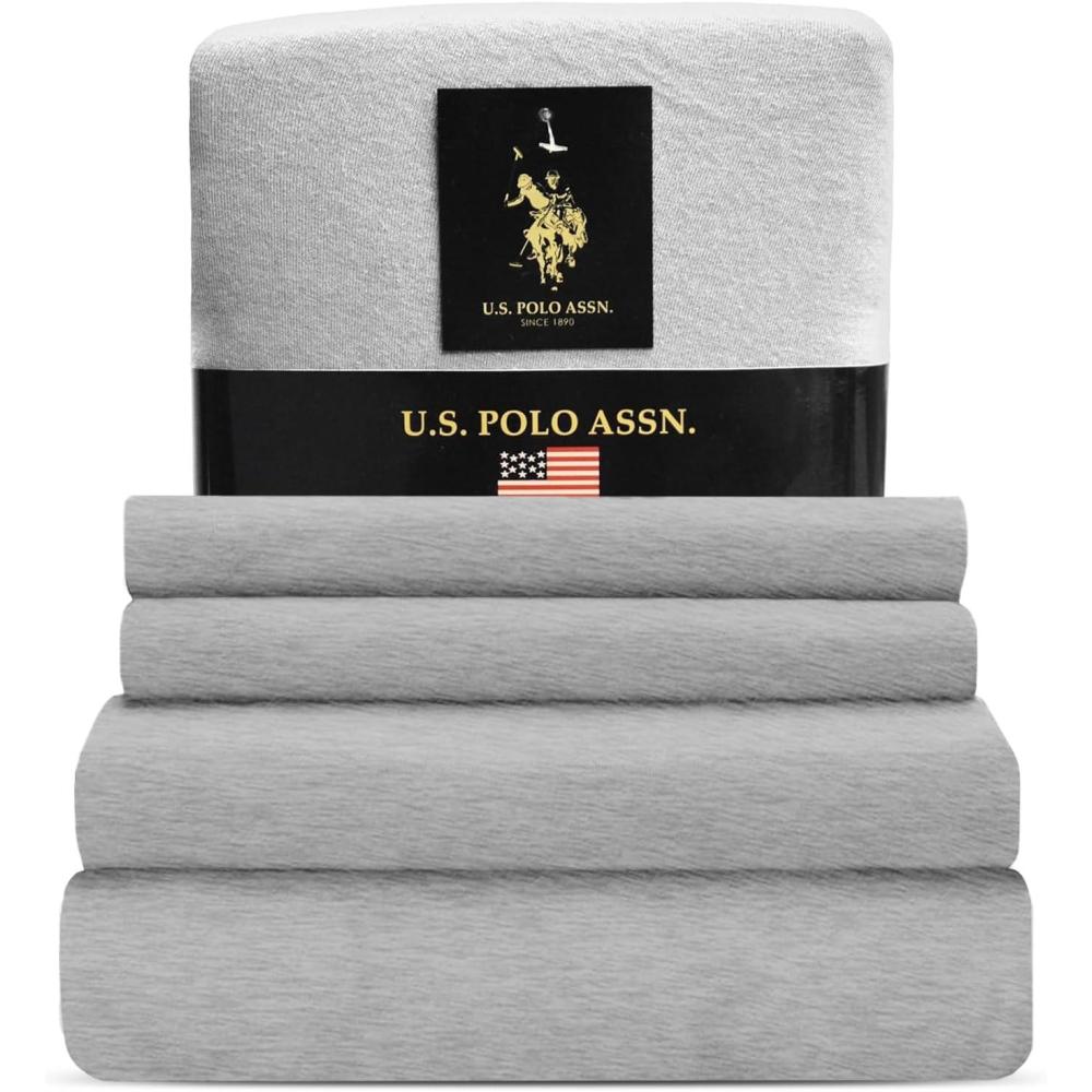imageUS Polo Assn All Season Soft and Cozy TShirt Material 1800 Thread Count 4Piece Cotton Rich Jersey Sheet SetHeather Lt Grey