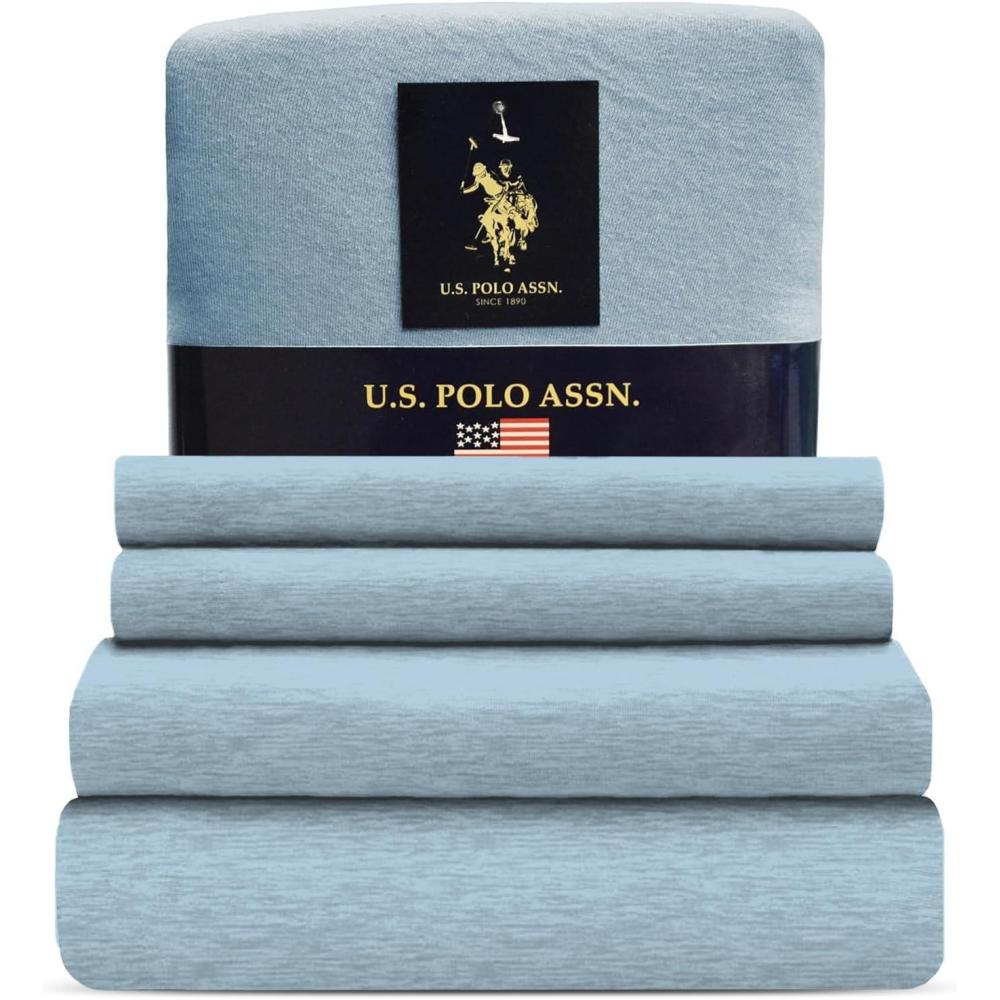 imageUS Polo Assn All Season Soft and Cozy TShirt Material 1800 Thread Count 4Piece Cotton Rich Jersey Sheet SetHeather Ltblue