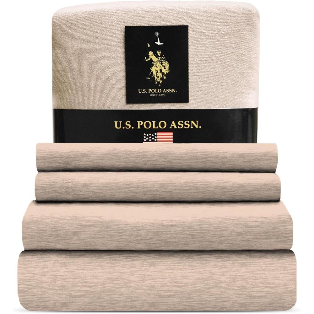 imageUS Polo Assn All Season Soft and Cozy TShirt Material 1800 Thread Count 4Piece Cotton Rich Jersey Sheet SetHeather Oatmeal