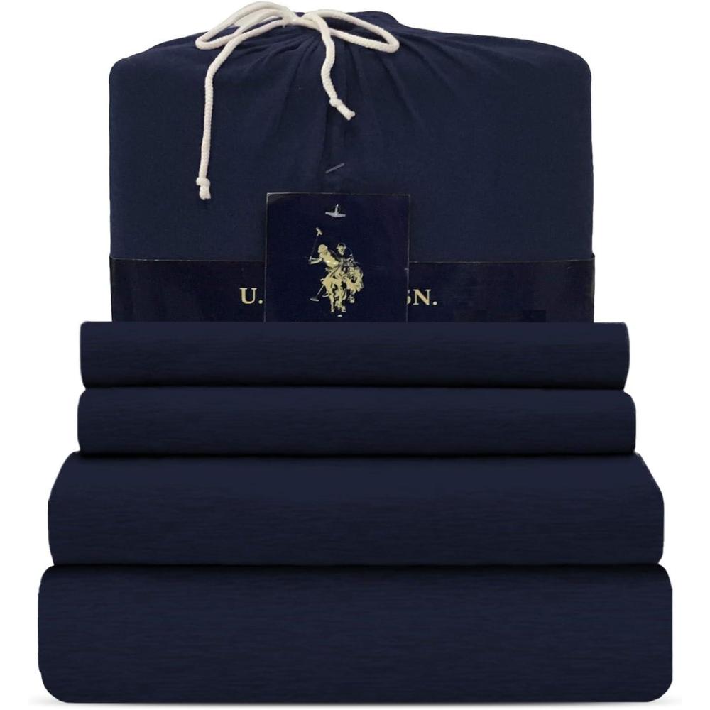 imageUS Polo Assn All Season Soft and Cozy TShirt Material 1800 Thread Count 4Piece Cotton Rich Jersey Sheet SetNavy