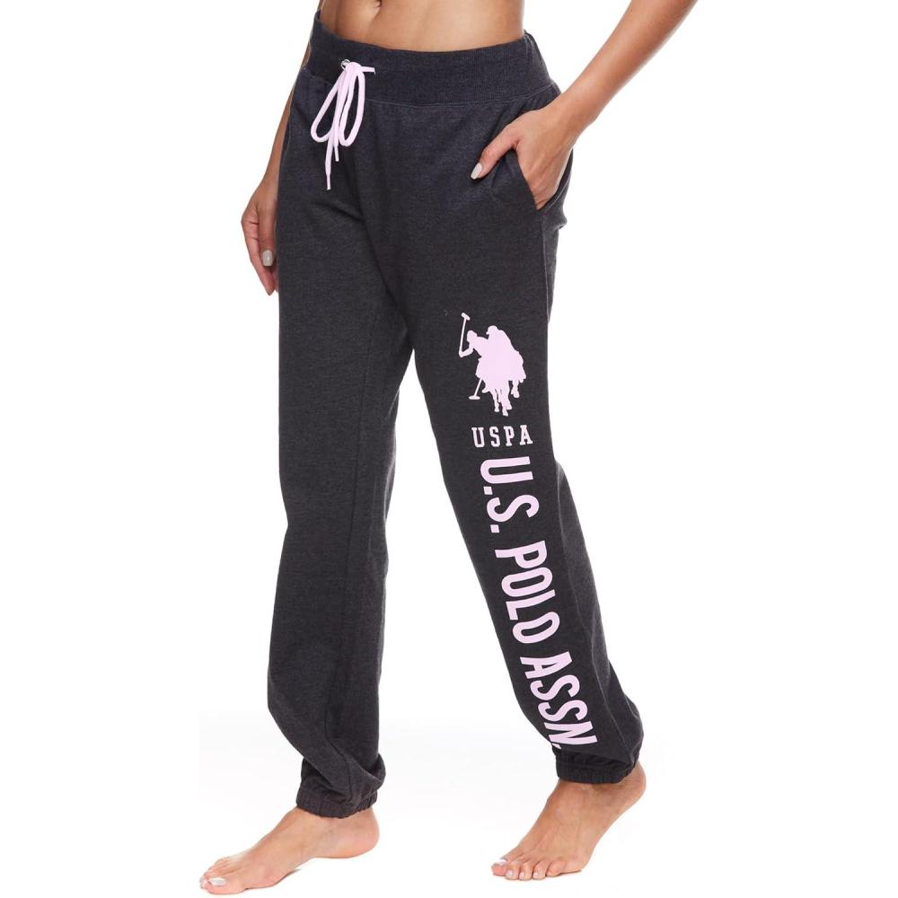 imageUS Polo Assn Essentials Womens Sweatpants with Pockets Comfy and Breathable French Terry Joggers for WomenDark Charcoal HeatherWhite Print