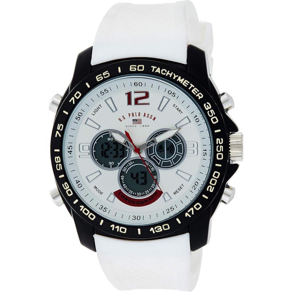 imageUS Polo Assn Mens Chronograph Sport Watch AnaDigital Display with Tachymeter Bezel Dual Time Stopwatch ampamp Alarm White Silicone Strap 46mm Case Fits Wrists 55quot to 8quot