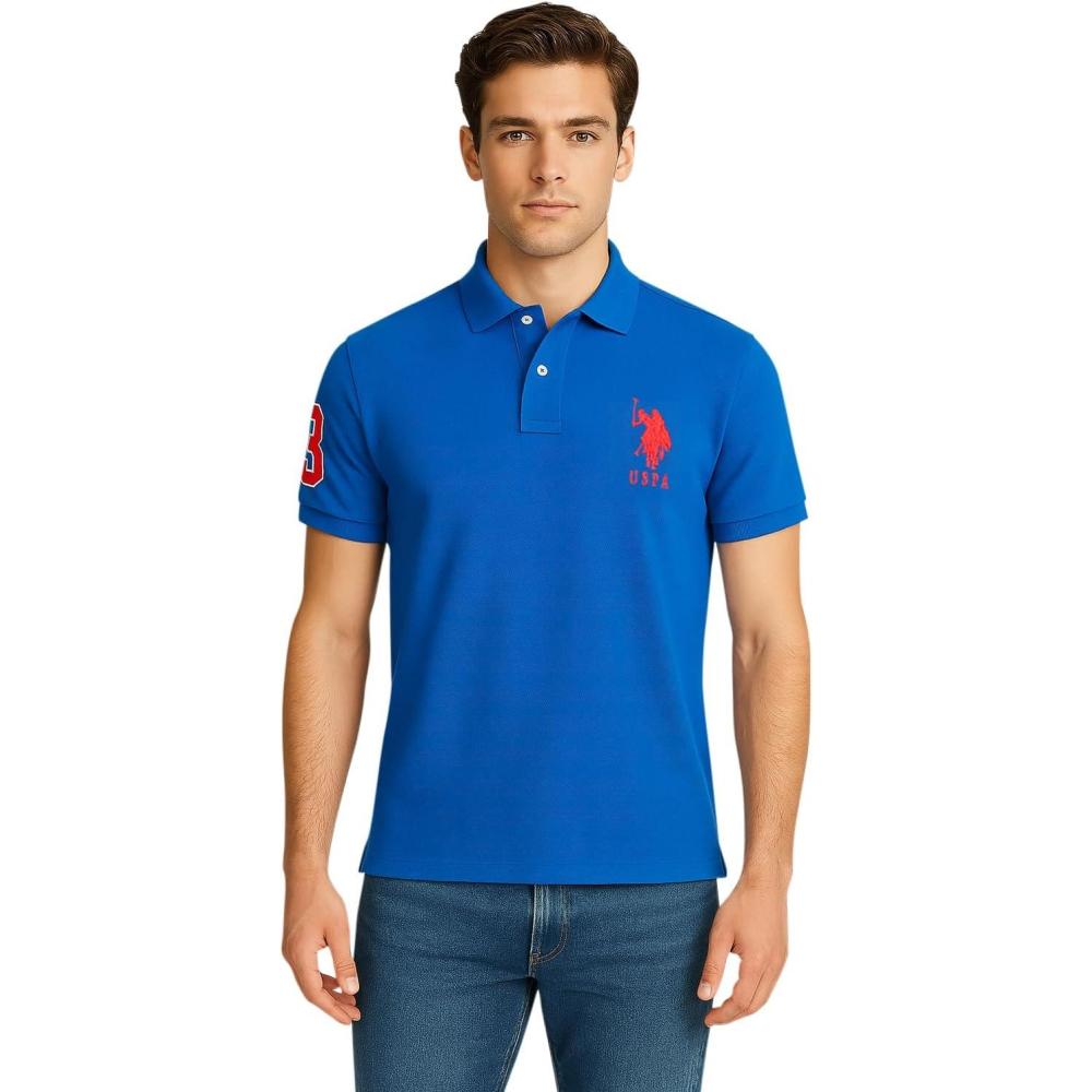 imageUS Polo Assn Mens ShortSleeve Polo Shirt with Applique Casual Summer Slim Fit Polo Shirt with Contrast ColorBlue RaftEngine Red