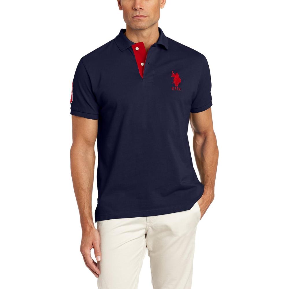imageUS Polo Assn Mens ShortSleeve Polo Shirt with Applique Casual Summer Slim Fit Polo Shirt with Contrast ColorClassic Navy