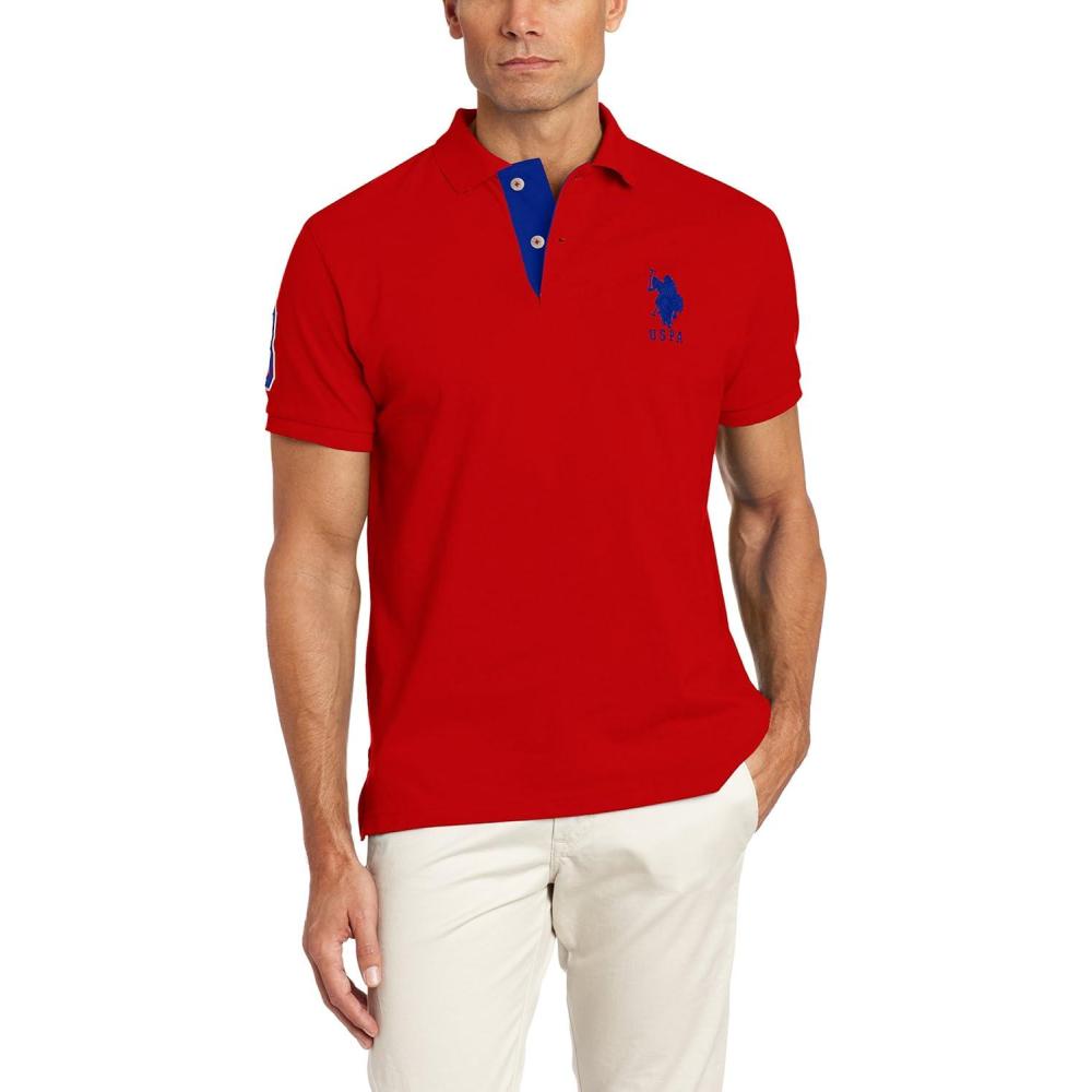 imageUS Polo Assn Mens ShortSleeve Polo Shirt with Applique Casual Summer Slim Fit Polo Shirt with Contrast ColorEngine RedInternational Blue