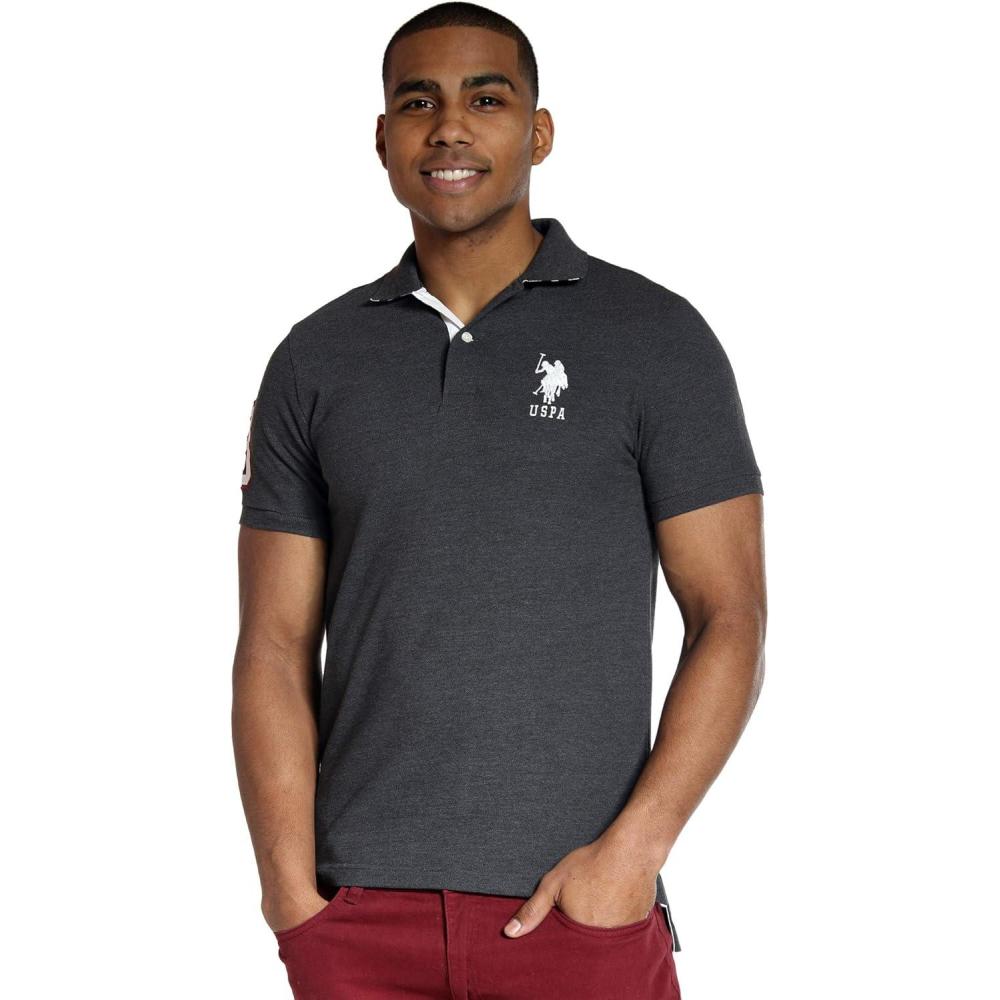 imageUS Polo Assn Mens ShortSleeve Polo Shirt with Applique Casual Summer Slim Fit Polo Shirt with Contrast ColorHeather Dark Gray