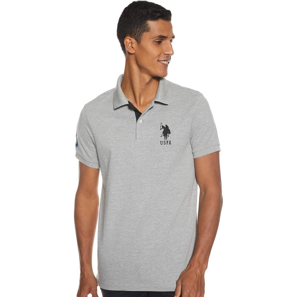 imageUS Polo Assn Mens ShortSleeve Polo Shirt with Applique Casual Summer Slim Fit Polo Shirt with Contrast ColorHeather GreyBlack6543