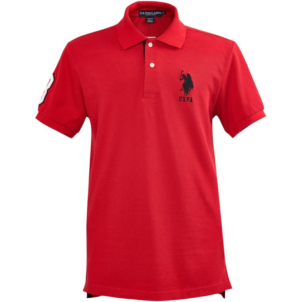 imageUS Polo Assn Mens ShortSleeve Polo Shirt with Applique Casual Summer Slim Fit Polo Shirt with Contrast ColorRed