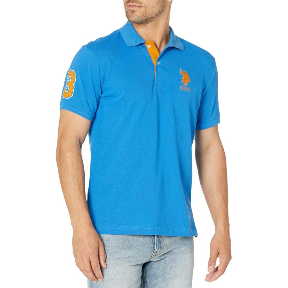 imageUS Polo Assn Mens ShortSleeve Polo Shirt with Applique Casual Summer Slim Fit Polo Shirt with Contrast ColorSonic Blue