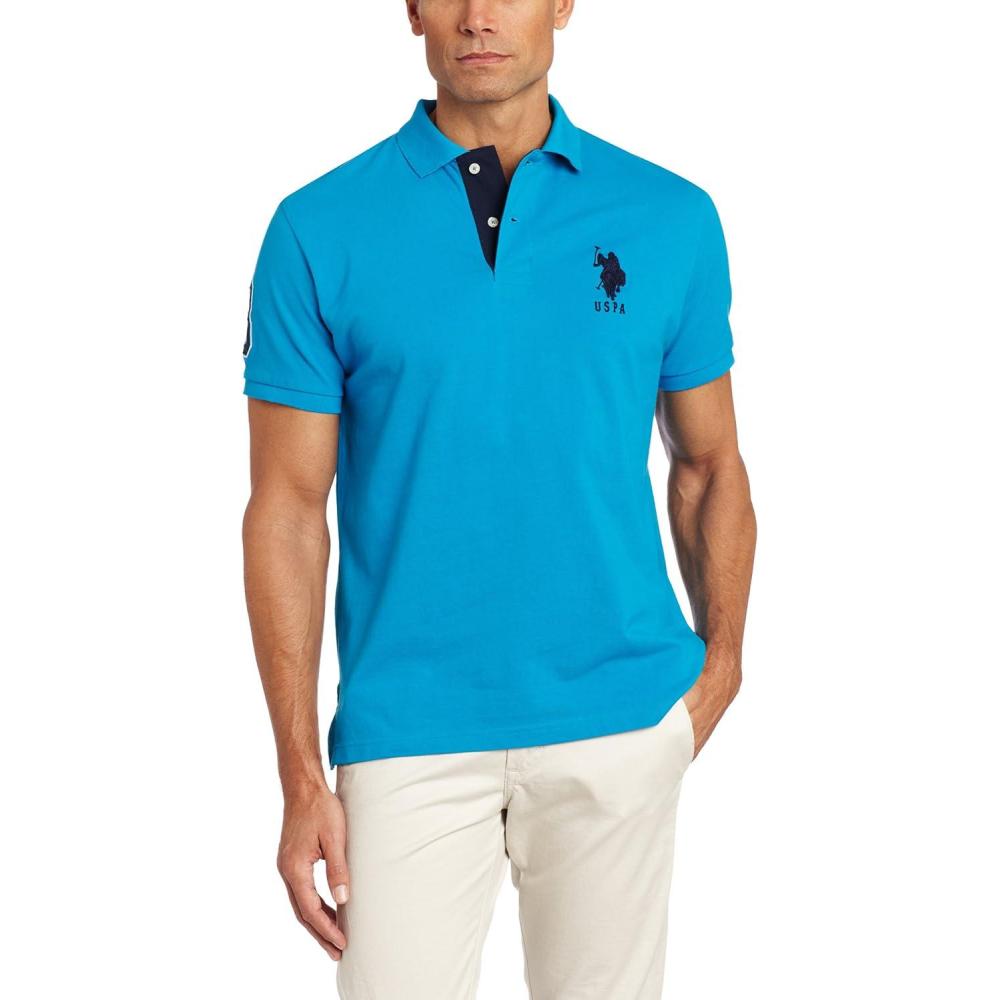 imageUS Polo Assn Mens ShortSleeve Polo Shirt with Applique Casual Summer Slim Fit Polo Shirt with Contrast ColorTeal Blue