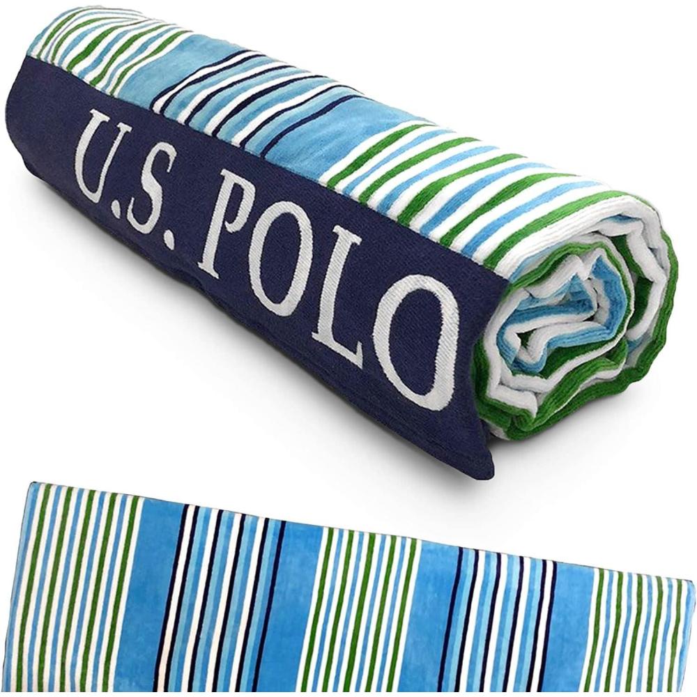 imageUS Polo Assn Oversized 40 x 70 Striped Nautical Design Beach Towel Luxury Plush Cotton Hotel Quality for Bath Pool Bon Voyage StripeBlueGreen