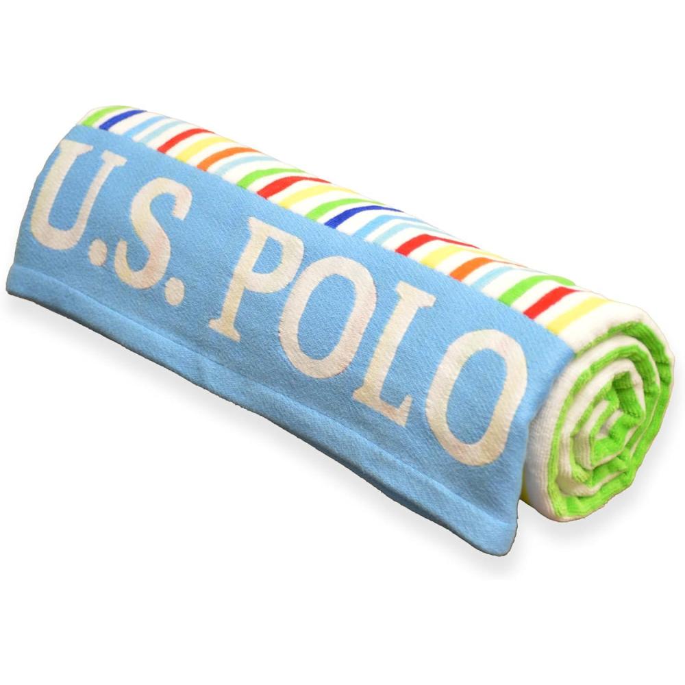 imageUS Polo Assn Oversized 40 x 70 Striped Nautical Design Beach Towel Luxury Plush Cotton Hotel Quality for Bath Pool Bon Voyage StripeLight BlueYellow