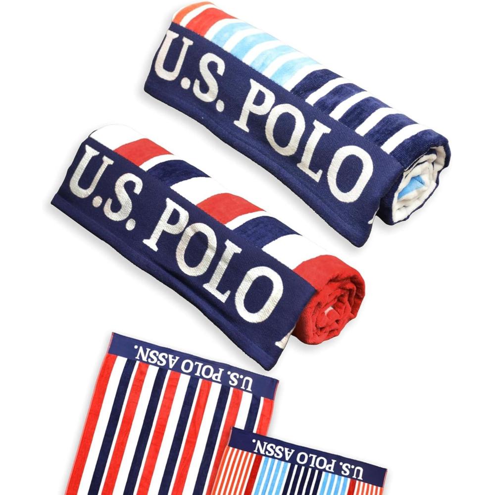 imageUS Polo Assn Oversized 40 x 70 Striped Nautical Design Beach Towel Luxury Plush Cotton Hotel Quality for Bath Pool Bon Voyage StripeRedLt BlueNavy