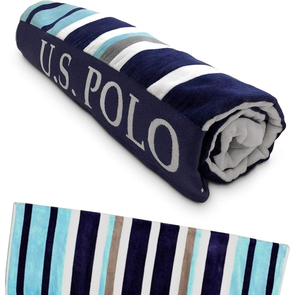imageUS Polo Assn Oversized 40 x 70 Striped Nautical Design Beach Towel Luxury Plush Cotton Hotel Quality for Bath Pool Bon Voyage StripeSail Away Stripe