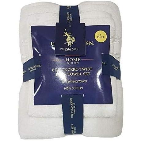 imageUS Polo Assn Premium 6Piece ZeroTwist Towel Set 2 Bath Towels 2 Hand Towels and 2 Face Towels Highly Absorbent Fast Drying and Super Soft Hotel Quality 100 Cotton SetWhite