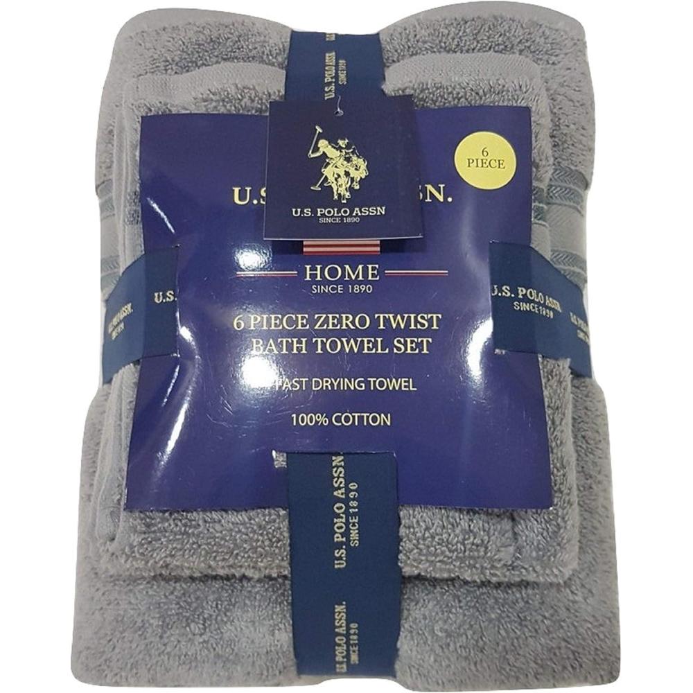 imageUS Polo Assn Premium 6Piece ZeroTwist Towel Set 2 Bath Towels 2 Hand Towels and 2 Face Towels Highly Absorbent Fast Drying and Super Soft Hotel Quality 100 Cotton SetGray