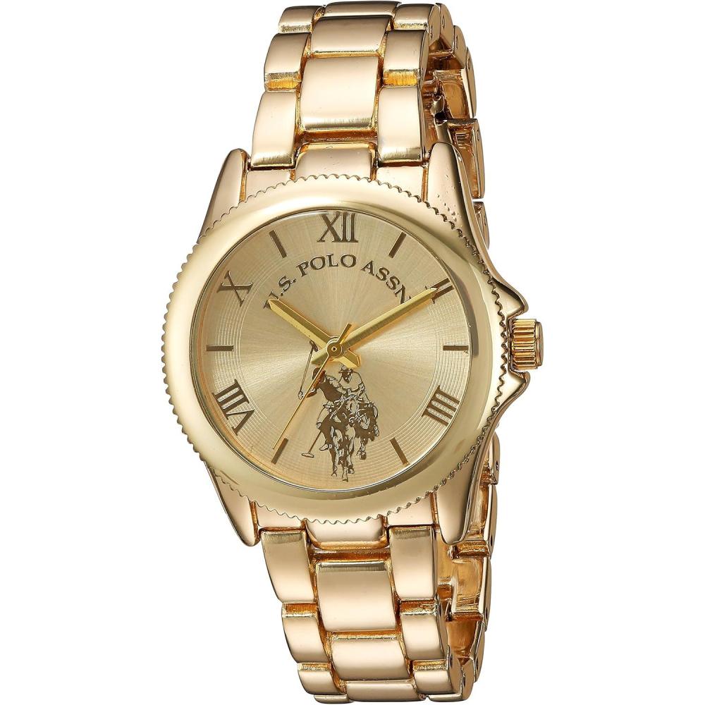 imageUS Polo Assn Womens Analog Watch GoldTone Champagne Dial with Roman Numerals Stainless Steel Bracelet and Box Packaging Stylish and Adjustable Fit for Wrists 55quot to 8quot