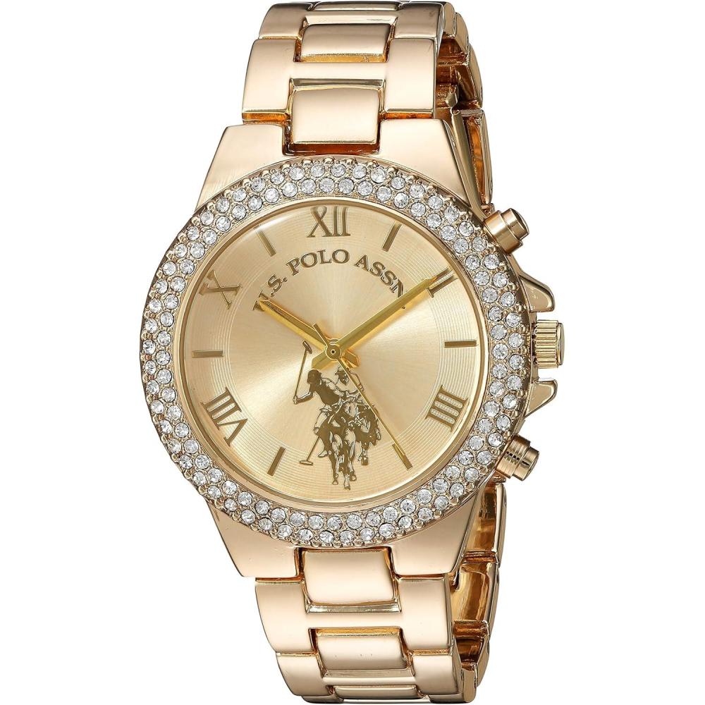 imageUS Polo Assn Womens Analog Watch GoldTone Dial with CrystalEmbellished Bezel and Stainless Steel Bracelet Elegant Durable and Adjustable Fit for Wrists 55quot to 8quot