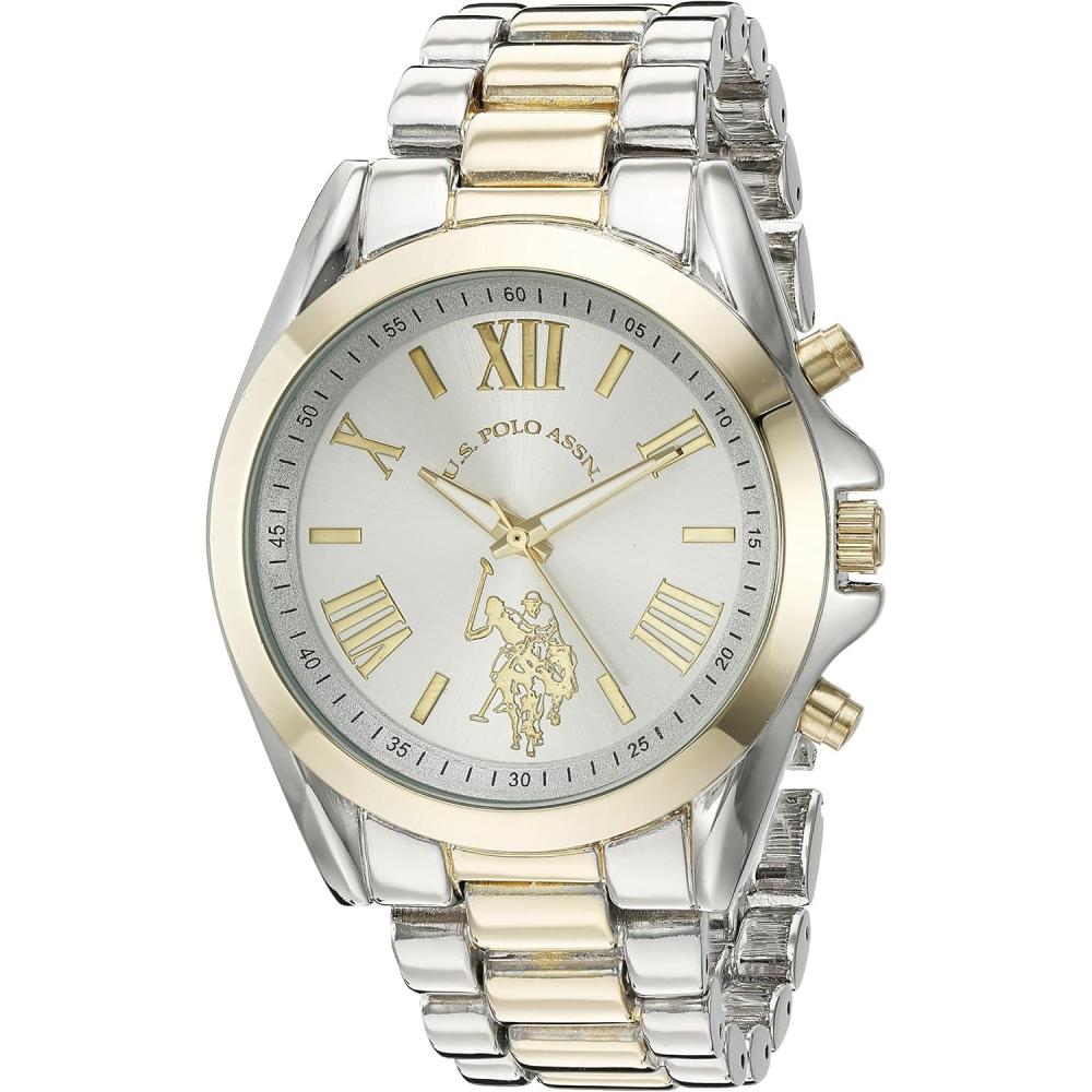imageUS Polo Assn Womens Analog Watch Silver Dial with TwoTone Silver and Gold Stainless Steel Bracelet Elegant Design with Roman Numerals